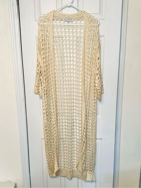 Blakeley Ivory Open Knit Crochet Long Duster Cardigan OS Boho Beach Cover Up